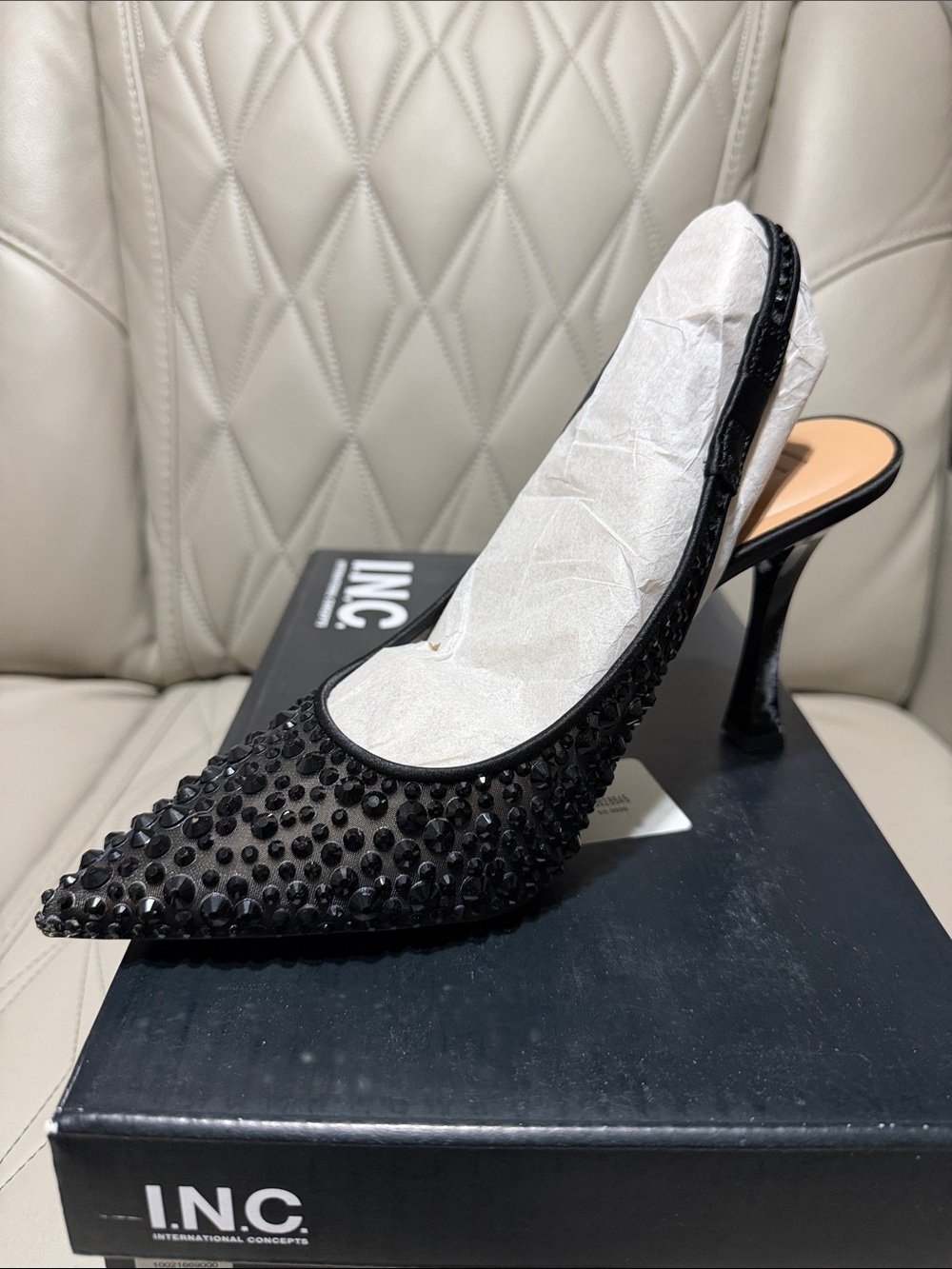 INC International Concepts Black Studded Pointed Toe Slingback Mules